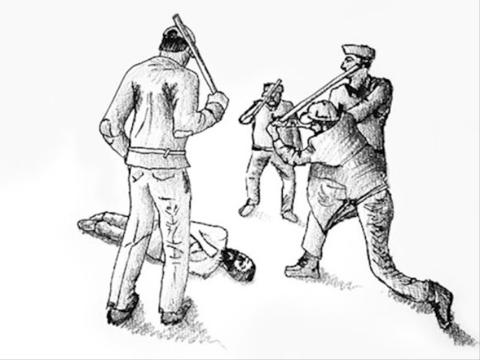 ‪رسم توضيحي يظهر الضرب الذي يتعرض له السجناء في 