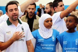Spanish Football player Xavi Hernandez talks after a friendly game with Palestinian refugees and Syrian refugees at Bakaa Palestinian refugee camp near Amman, Jordan, 29 September 2016. Xavi will begin working with school children, refugees and migrant workers to use the power of football to inspire social change within communities.