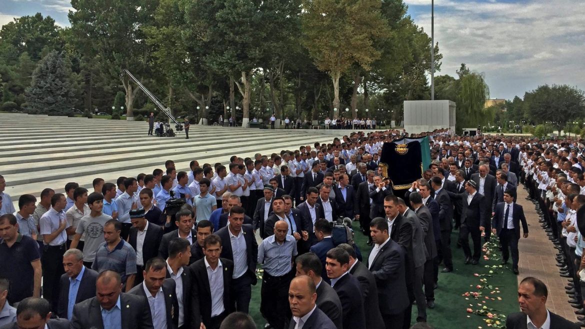A handout picture dated and released on 03 September 2016 by the Kyrgyzstan Government Press Service shows Uzbek men stand in line to carry cofin with body of President Islam Karimov near Shahi Zinda Mausoleum complex in Samarkand, Uzbekistan, 03 September 2016. Uzbek government statement saying President Karimov has died 02 September. Islam Karimov reportedly suffered a brain hemorrhage on 27 August and has been in intensive care since. He was the President of Uzbekist