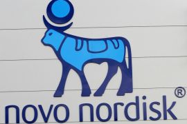 The logo of Danish multinational pharmaceutical company Novo Nordisk is pictured on the facade of a production plant in Chartres, north-central France, April 21, 2016. REUTERS/Guillaume Souvant/Pool