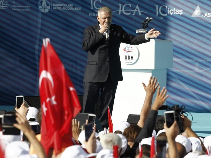Turkish Prime Minister Binali Yildirim speaking during the openning ceremony of Yavuz Sultan Selim Bridge, the Third Bosphorus Bridge in Istanbul, Turkey, 26 August 2016. The bridge spans over 59 meters width and the height of its towers is 320 meters, the highest in the world.