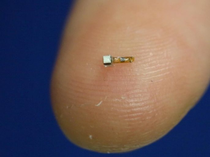 A dust-sized wireless sensor that makes it possible to wirelessly monitor neural activity in real time when implanted inside the body, is shown on a finger in this handout photo. UC Berkeley/Handout via Reuters ATTENTION EDITORS - THIS IMAGE WAS PROVIDED BY A THIRD PARTY. EDITORIAL USE ONLY. NO RESALES. NO ARCHIVE.