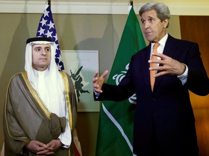 U.S. Secretary of State John Kerry (R) gestures next to Saudi Foreign Minister Adel al-Jubeir during a meeting on Syria in Geneva, Switzerland May 2, 2016. REUTERS/Denis Balibouse