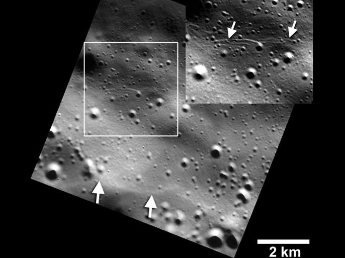Small graben, or narrow linear troughs, have been found associated with small fault scarps (lower white arrows) on Mercury, and on Earth’s moon. The small troughs, only tens of meters wide (inset box and upper white arrows), likely resulted from the bending of the crust as it was uplifted, and must be very young to survive continuous meteoroid bombardment.