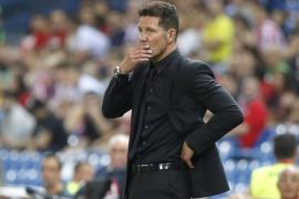 Atletico Madrid's head coach Diego Simeone during the Spanish Primera Division soccer match between Atletico Madrid and Deportivo Alaves at the Vicente Calderon Stadium, in Madrid, Spain, 21 August 2016.