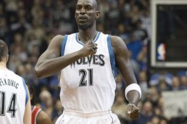 Feb 25, 2015; Minneapolis, MN, USA; Minnesota Timberwolves forward Kevin Garnett (21) pounds his chest before a game against the Washington Wizards at Target Center. Mandatory Credit: Jesse Johnson-USA TODAY Sports