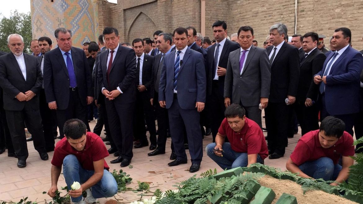 A handout picture dated and released on 03 September 2016 by the Kyrgyzstan Government Press Service shows international ofitials gather to pay their last respects near the grave of President Islam Karimov at the Shahi Zinda cemetery in Samarkand, Uzbekistan, 03 September 2016. Uzbek government statement saying President Karimov has died 02 September. Islam Karimov reportedly suffered a brain haemorrhage on 27 August and has been in intensive care since. He was the Pres