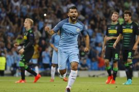 Britain Soccer Football - Manchester City v Borussia Monchengladbach - UEFA Champions League Group Stage - Group C - Etihad Stadium, Manchester, England - 14/9/16 Manchester City's Sergio Aguero celebrates scoring their second goal Reuters / Phil Noble Livepic EDITORIAL USE ONLY.
