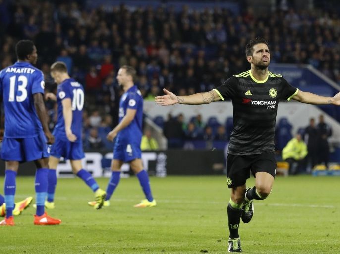 Britain Football Soccer - Leicester City v Chelsea - EFL Cup Third Round - King Power Stadium - 20/9/16 Chelsea's Cesc Fabregas celebrates scoring their third goal Action Images via Reuters / Carl Recine Livepic EDITORIAL USE ONLY. No use with unauthorized audio, video, data, fixture lists, club/league logos or "live" services. Online in-match use limited to 45 images, no video emulation. No use in betting, games or single club/league/player publications. Please contact your account representative for further details.