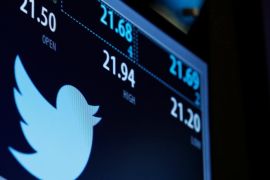 The Twitter logo and trading information is displayed just after the opening bell on a screen on the floor of the New York Stock Exchange (NYSE) in New York City, U.S., September 23, 2016. REUTERS/Brendan McDermid