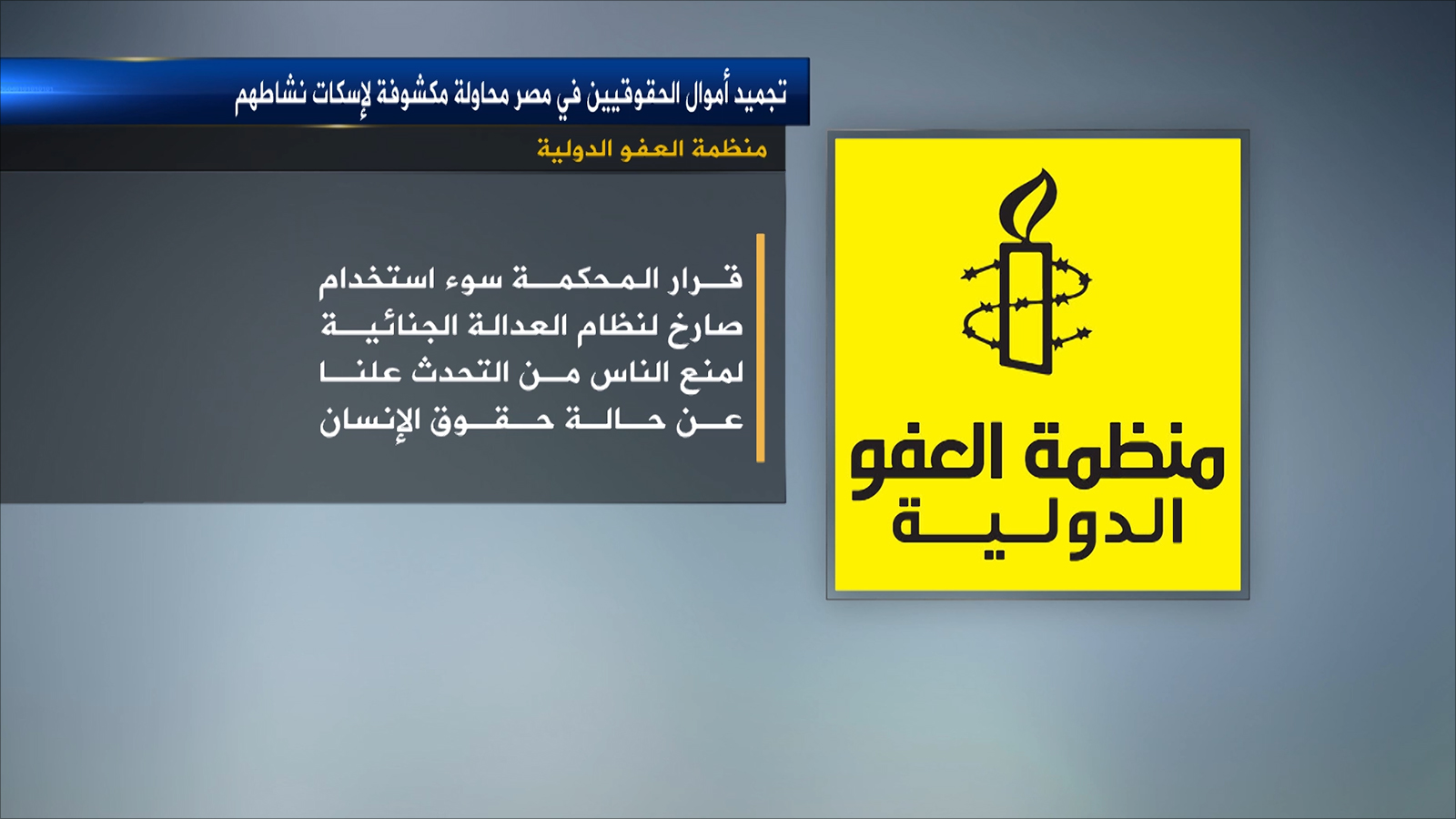 ‪منظمة العفو الدولية اعتبرت الحكم محاولة مكشوفة لإسكات النشاط الحقوقي في مصر‬ (الجزيرة)
