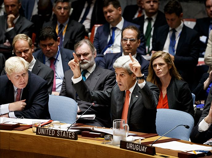 epa05550609 John Kerry (C), the United States' Secretary of State, gestures while speaking during a Security Council meeting about the situation in Syria as Boris Johnson (L), the Foreign Secretary of the United Kingdom, and Rodolfo Nin Novoa (R), the Foreign Minister of Uruguay, listen on the sidelines of the General Debate of the 71st Session of the United Nations General Assembly at UN headquarters in New York, New York, USA, 21 September 2016. EPA/JUSTIN LANE