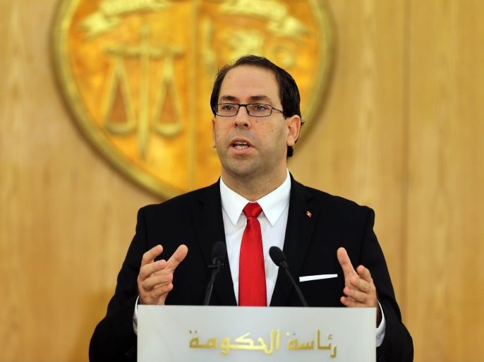 Tunisia's new Prime Minister, Youssef Chahed, speaks during a ceremony marking the transfer of power from former Prime Minister, Habib Essid (not pictured), Tunis, Tunisia, 29 August 2016. The unity government, led by prime minister-designate Youssef Chahed, was backed by 167 members of the 217-seat parliament.