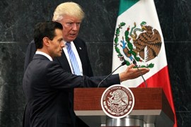 President of Mexico Enrique Pena Nieto (L) welcomes US Republican presidential candidate Donald Trump, in Los Pinos, Mexico City, Mexico, 31 August 2016. Trump met with the Mexican President to discuss various bilateral issues, in particular migration policies, according to reports.