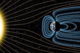 An artist's depiction of Earth's magnetic field deflecting high-energy protons from the sun four billion years ago, is shown in this image released on July 30, 2015. The relative sizes of the Earth and Sun, as well as the distances between the two bodies, are not drawn to scale in this drawing. Earth's magnetic field has been a life preserver, protecting against relentless solar winds - streams of charged particles rushing from the Sun - that otherwise could strip aw