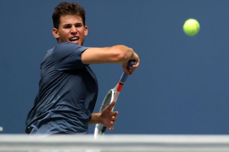 Sep 5, 2016; New York, NY, USA; Dominic Thiem of Austria hits a forehand against Juan Martin Del Potro of Argentina (not pictured) on day eight of the 2016 U.S. Open tennis tournament at USTA Billie Jean King National Tennis Center. Del Potro won 6-3, 3-2 (ret.). Mandatory Credit: Geoff Burke-USA TODAY Sports