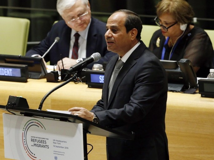 The President of the Arab Republic of Egypt, Abdel Fattah el-Sisi, speaks at a meeting entitled the 'High-level Forum Addressing Large Movements of Refugees and Migrants' at United Nations headquarters in New York, New York, USA, 19 September 2016. The meeting is being held on the eve of the opening of the General Debate of the 71st session of the United Nations General Assembly