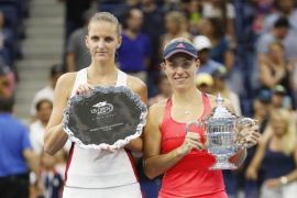 Angelique Kerber of Germany (R) and Karolina Pliskova of the Czech Republic after the women's final on the thirteenth day of the US Open Tennis Championships at the USTA National Tennis Center in Flushing Meadows, New York, USA, 10 September 2016. The US Open runs through September 11.
