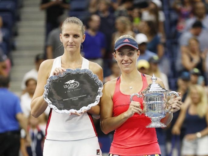 Angelique Kerber of Germany (R) and Karolina Pliskova of the Czech Republic after the women's final on the thirteenth day of the US Open Tennis Championships at the USTA National Tennis Center in Flushing Meadows, New York, USA, 10 September 2016. The US Open runs through September 11.