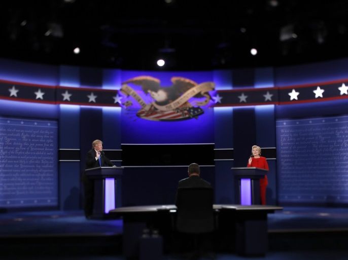 An image taken with a tilt-shift lens showing Democrat Hillary Clinton (R) and Republican Donald Trump (L) on stage during the first Presidential Debate at Hofstra University in Hempstead, New York, USA, 26 September 2016. The only Vice Presidential debate will be held on 04 October in Virginia, and the second and third Presidential Debates will be held on 09 October in Missouri and 19 October in Nevada.