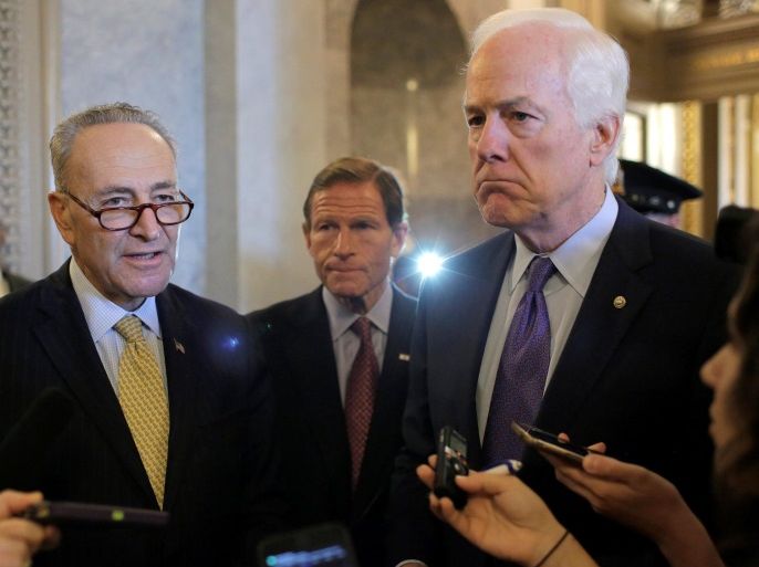 Senators Chuck Schumer (D-NY) (L), Richard Blumenthal (D-CT), and John Cornyn (R-TX), speak after the Senate voted to override U.S. President Barack Obama's veto of a bill that would allow lawsuits against Saudi Arabia's government over the Sept. 11 attacks, on Capitol Hill in Washington, U.S., September 28, 2016. REUTERS/Joshua Roberts