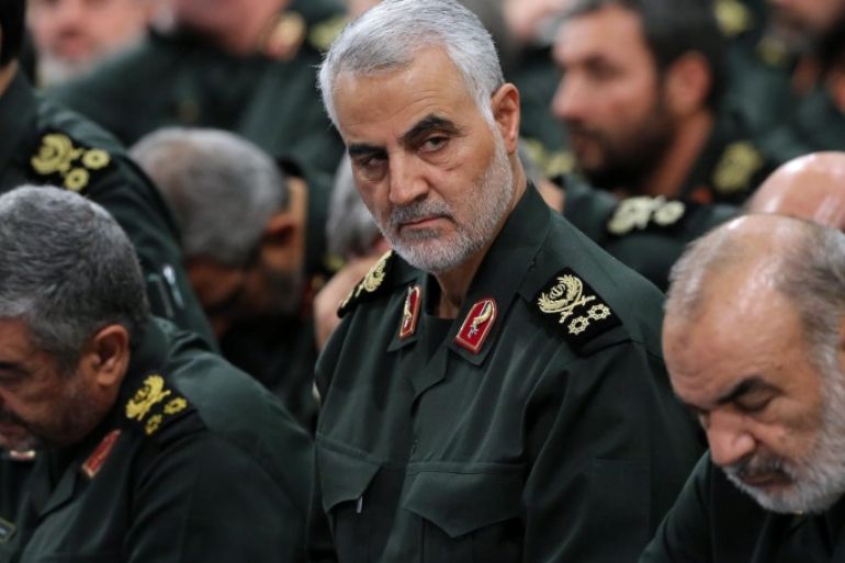 A handout picture made available by the Iranian supreme leader's official website showing Iranian Quds Force Head, General Ghasem Soleimani (C) along other commanders during a meeting with Iranian supreme leader Ayatollah Ali Khamenei in Tehran, Iran, 18 September 2016. Reports state the meeting was held on the occasion of the national 'Sacred Defense Week' which commemorates the 1980-1988 Iran-Iraq war. EPA/LEADER OFFICIAL WEBSITE / HANDOUT