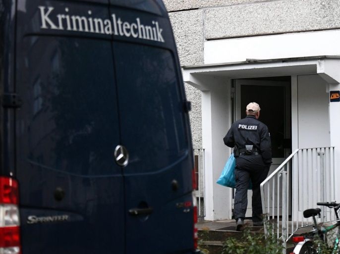 German Criminal Police officers investigate an apartment in the Paunsdorf district of Leipzig, Saxony, Germany, 10 October 2016. Fugitive terror-suspect Jaber al-Bakr was arrested in the night in Leipzig. The 22-year-old Syrian had been on the run since an anti-terrorist raid on 08 October, in Chemnitz. Several hundred grams of explosives were reportedly found during a search in an apartment where al-Bakr was staying.