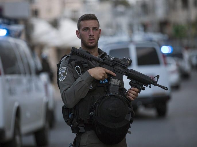 Israeli special police secures the area around a shooting attack at Salah al-Din Street in East Jerusalem, 08 March 2016. Israeli police reported that at least one Palestinian gunman open fire at an Israeli police patrol car, before he get killed. Two Israeli policemen reportedly suffered serious injuries. Four Palestinian assailants and one victim died in a string of attacks in Jerusalem and the Tel Aviv area on 08 March, police said, as US Vice-President Joe Biden beg