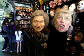 An employee holds up masks depicting Democratic presidential nominee Hillary Clinton and Republican presidential nominee Donald Trump at Hollywood Toys & Costumes in Los Angeles, California U.S., October 26, 2016. REUTERS/Mario Anzuoni FOR EDITORIAL USE ONLY. NO RESALES. NO ARCHIVES.