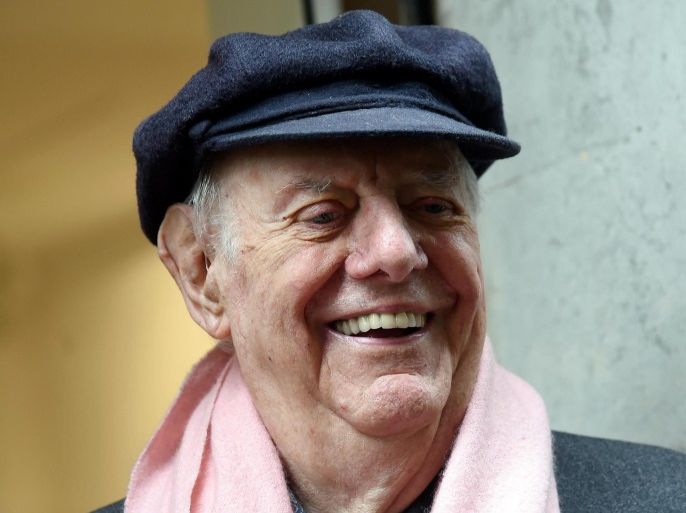 Italian Nobel Prize-winning playwright Dario Fo during the presentation of exhibition of his paintings inspired by his latest book 'Razza i zingaro' (Gypsy race) in Milan, Italy, 12 May 2016. The exhibition runs from May 13 to June 12.