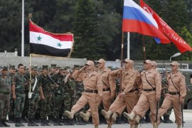Russian soldiers march during a rehearsal of Victory Day parade, in which they will take part with a Syrian unit at Hmeimym airbase in Latakia province, Syria, 04 May 2016. Victory Day will be held on 09 May 2016 to mark the 71st anniversary since the capitulation of Nazi Germany to the Soviet Union. Hmeimym airbase serves as the base of operation for the Russian air force in Syria. The United States and Russia have agreed to extend the cease-fire in Syria to the city o