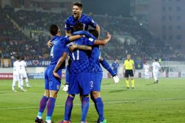 Football Soccer - Kosovo v Croatia - World Cup 2018 Qualifier - Loro Borici Stadium, Shkoder, Albania - 6/10/16. Croatia's players celebrate a goal against Kosovo. REUTERS/Antonio Bronic
