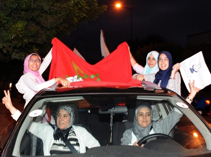 Suporters of the Islamist Justice and Development Party (PJD), celebrating their Parliamentary election victory outside the home of Moroccan Prime Minister and Secretary General (PJD) Abdelilah Benkirane in Rabat, Morocco, 08 October 2016.