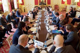A handout picture provided by the US Department of State shows US Secretary of State John Kerry and British Foreign Secretary Boris Johnson among other diplomats during a meeting on the situation in Syria, at Lancaster House in London, Britain, 16 October 2016. The meeting follows up on the previous day's round of talks on Syria in Lausanne. EPA/US DEPARTMENT OF STATE/HANDOUT