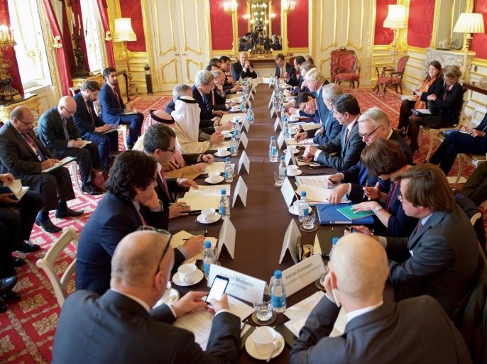 A handout picture provided by the US Department of State shows US Secretary of State John Kerry and British Foreign Secretary Boris Johnson among other diplomats during a meeting on the situation in Syria, at Lancaster House in London, Britain, 16 October 2016. The meeting follows up on the previous day's round of talks on Syria in Lausanne. EPA/US DEPARTMENT OF STATE/HANDOUT