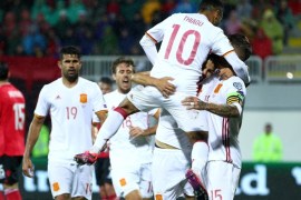 Football Soccer - Albania v Spain - World Cup 2018 Qualifiers - Loro Borici Stadium, Shkoder, Albania -9/10/16. Spain's players celebrate their second goal. REUTERS/Antonio Bronic