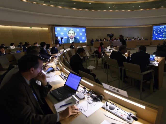 United Nations High Commissioner for Human Rights Zeid Ra'ad Al Hussein addresses via a video message, during the Human Rights Council that holds its twenty fifth Special Session on the human rights situation on Aleppo, at the United Nations Human Rights Council at the UN headquarters in Geneva, Switzerland, 21 October 2016.