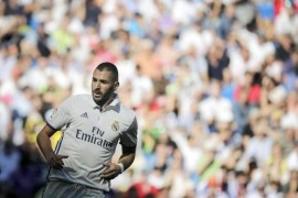 Real Madrid's French striker Karim Benzema reacts during the Spanish Primera Division soccer match between Real Madrid and SD Eibar at Santiago Bernabeu stadium in Madrid, Spain, 02 October 2016.