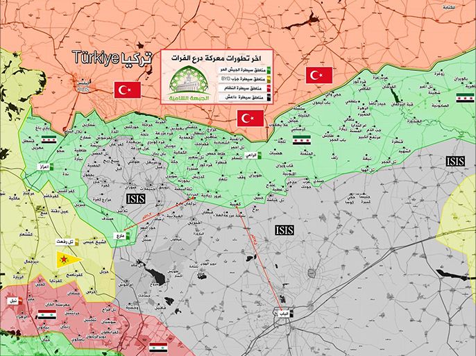 الخريطة توضح المناطق الواسعة التي سيطر عليها الجيش السوري الحر في شمال وشرق حلب، (المصدر ناشطون)