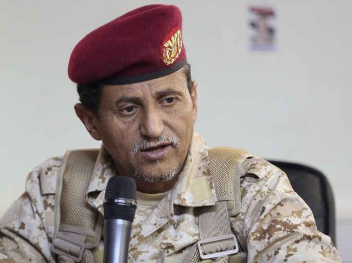 Major General Abd-Rabbu Qassem al-Shaddadi, commander of the 3rd Region of the Yemeni Army, addresses a news conference in the country's central province of Marib January 13, 2016. REUTERS/Ali Owidha