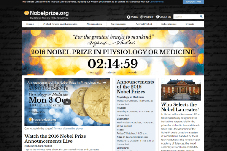 سنابشوت من موقع جائزة نوبل يظهر العد التنازلي للعلان عن جائزة الطب