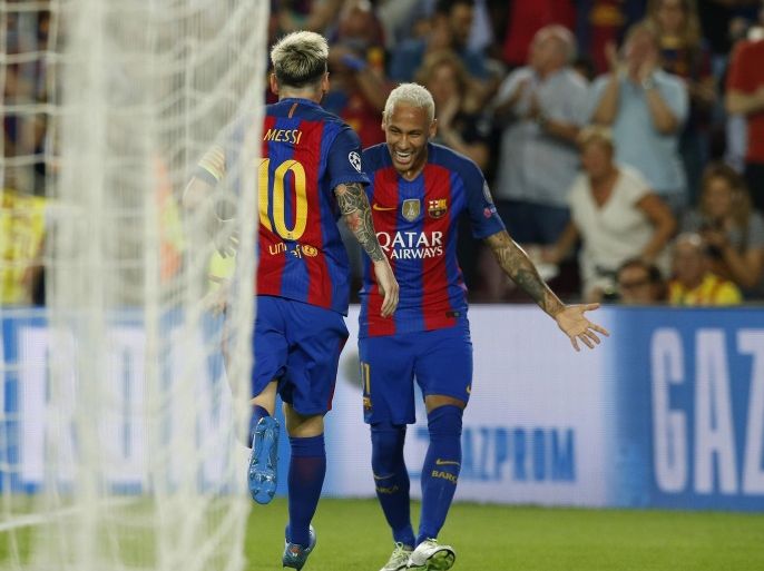 Football Soccer - FC Barcelona v Celtic - UEFA Champions League Group Stage - Group C - The Nou Camp, Barcelona, Spain - 13/9/16 Barcelona's Lionel Messi celebrates scoring their second goal with Neymar Reuters / Albert Gea Livepic EDITORIAL USE ONLY.