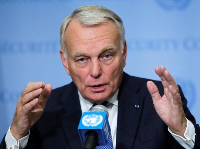 France's Foreign Minister Jean-Marc Ayrault speaks with media after voting on a draft resolution that demands an immediate end to air strikes and military flights over Syria's Aleppo city, at the U.N. Headquarters in New York, U.S., October 8, 2016. REUTERS/Eduardo Munoz