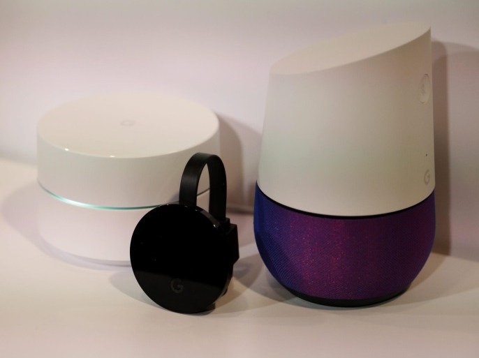 Google Home, and Google Chrome on display afterthey were introduced at a Google product event in San Francisco, California, USA, 04 October 2016.