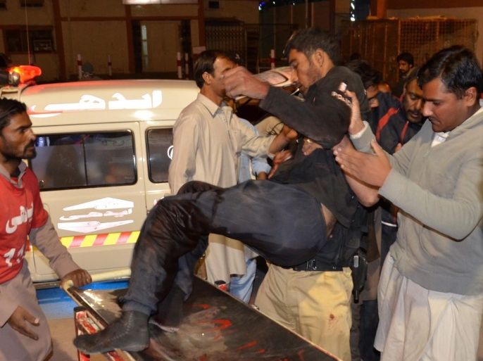 A police cadet who was injured during clashes with suspected militants in an attack at a Police training centre, is shifted to a hospital for treatment in Quetta, Pakistan, 24 October 2016. At least twenty two cadets were injured in clashes with suspected militants after they attacked a Police training centre in Quetta. Up to six militants launched the attack at Police training centre in the Sariab road in Quetta on 24 October.