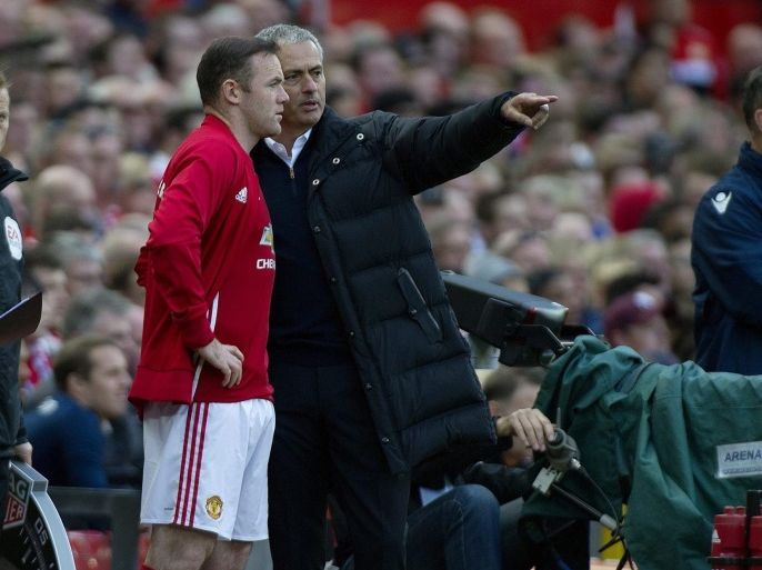 Manchester United's Wayne Rooney (L) and manager Jose Mourinho (R) react during the English Premier League soccer match between Manchester United and Stoke City at the Old Trafford, Manchester, Britain, 02 October 2016. EPA/PETER POWELL EDITORIAL USE ONLY. No use with unauthorized audio, video, data, fixture lists, club/league logos or 'live' services. Online in-match use limited to 75 images, no video emulation. No use in betting, games or single club/league/player