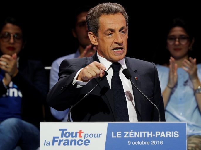 Nicolas Sarkozy, former head of the Les Republicains political party, delivers a speech at a political rally in Paris, France, as he campaigns for the French conservative presidential primary, October 9, 2016. REUTERS/Philippe Wojazer