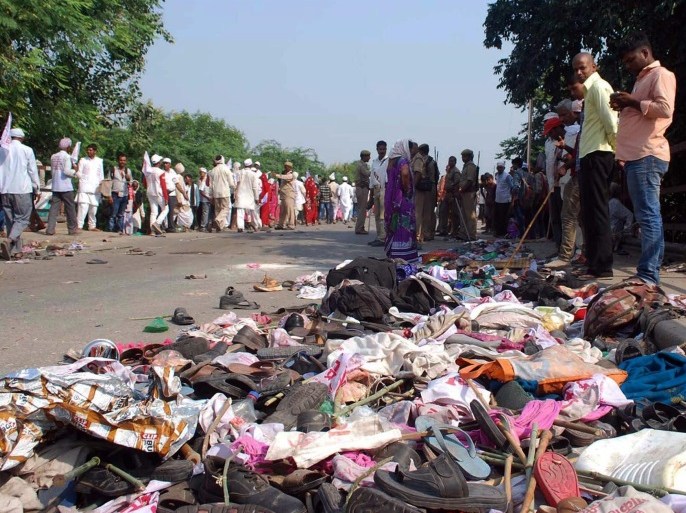 Belongings of the victims of a stampede are kept aside near the site of a stampede at the Rajghat bridge, near Varanasi, India, 15 October 2016. According to reports, at least 15 people were killed and some 50 others injured in a stampede that happened when scores of people gathered for a religious event near the site.