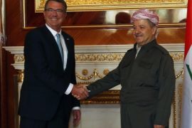 Masoud Barzani (R), President of the Iraqi Kurdistan Region and US Secretary of Defense Ashton Carter (L), shake hands during their meeting in Erbil, the capital of the Kurdish autonomous region of northern Iraq, on 23 October 2016. Carter visited Iraq to meet with Iraqi leaders, US commanders, and most importantly, US service members stationed in Baghdad supporting the counter-ISIL campaign.