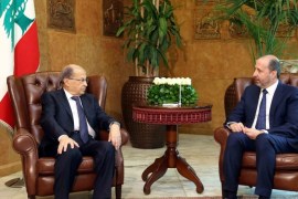 A handout picture made available by the Lebanese presidential palace official photographer Dalati Nohra shows Lebanese President Michel Aoun (L) meeting with Syrian Minister of Presidential Affairs Mansour Azzam (R) at the presidential palace in Baabda east of Beirut, Lebanon, 07 November 2016. Syrian President Bashar Assad dispatched Azzam to offer congratulations to President Michel Aoun. EPA/DALATI NOHRA/HANDOUT